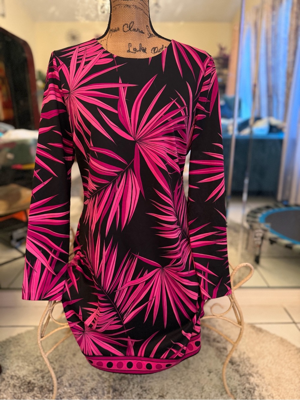 Michael Kors Black and Hot Pink Palm-Print Midi Dress